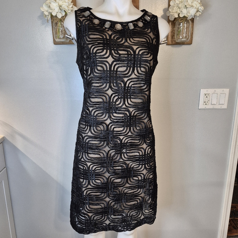 Jessica Howard Jewel Neck Ribbon Overlay Sheath Dress